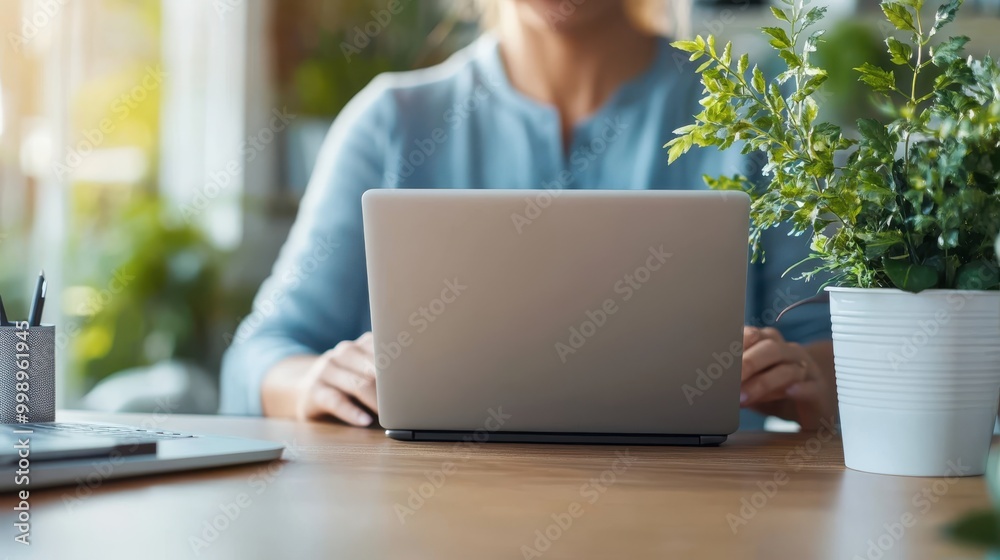 In a well-lit room with plenty of natural light, a person is focused on working on their laptop, surrounded by green plants which create a fresh and inviting atmosphere. In a well-lit room with plenty of natural light, a person is focused on working on their laptop, surrounded by green plants which create a fresh and inviting atmosphere.