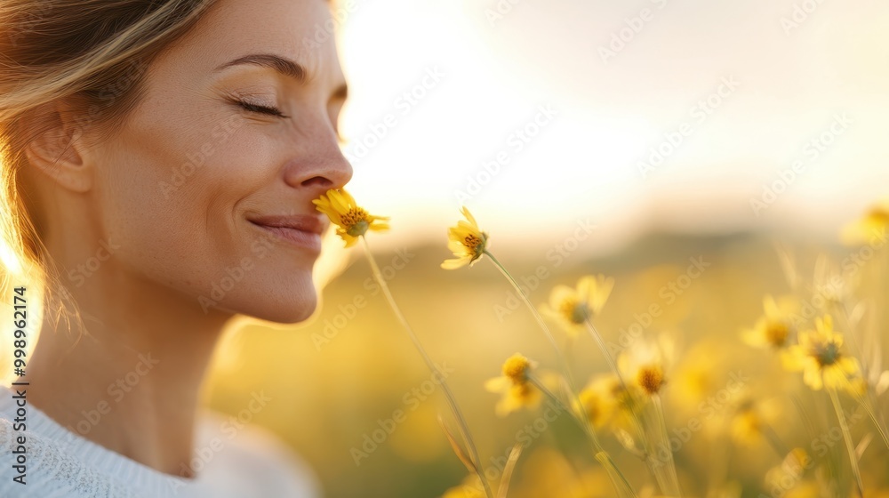 Content woman with closed eyes gently smelling a yellow flower in a glowing field, capturing a moment of peace and connection with nature during sunset's warm glow. Content woman with closed eyes gently smelling a yellow flower in a glowing field, capturing a moment of peace and connection with nature during sunset's warm glow.