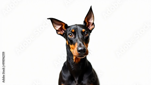 Surprised Doberman Pinscher on white background