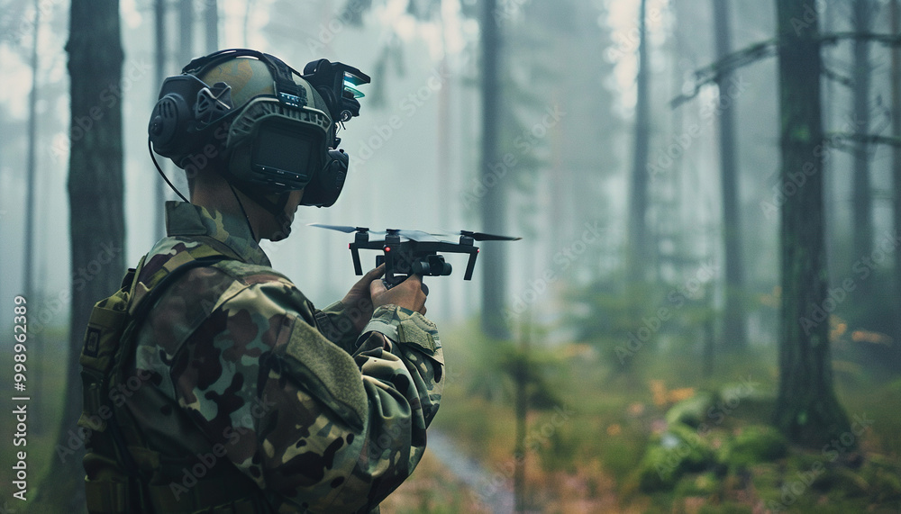 Military army soldier FPV drone pilot flying a drone in a forest. Secret operation, weaponized modern technology, war strategy, aerial defense, assault Military army soldier FPV drone pilot flying a drone in a forest. Secret operation, weaponized modern technology, war strategy, aerial defense, assault