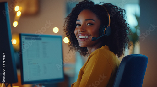 Freundliche Mitarbeiterin mit Headset am Computer in einem modernen Büro – Kundenservice, Support und professionelle Kommunikation