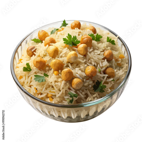 Front view of Pilav with Turkish pilaf, featuring fragrant rice cooked with vermicelli or chickpeas, isolated on a white transparent background