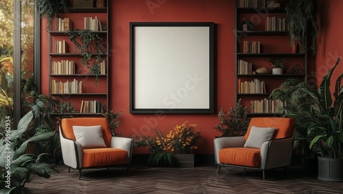 A mockup of an empty black frame on the wall in a modern reading room