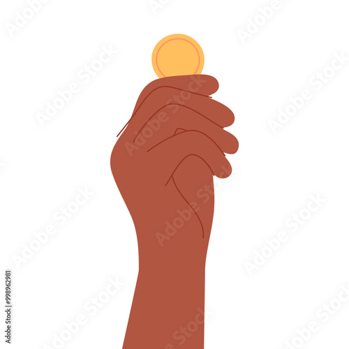 Hand holding gold coin. Fingers with money icon. Finance, savings concept. Abstract change, cash. Financial bonus.