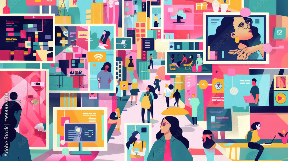 A visual of a multi-channel advertising campaign, with cohesive messaging across print, digital, and social media.