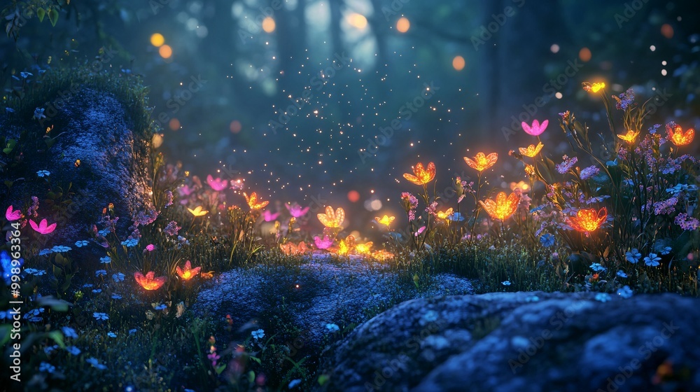 Fototapeta premium Glowing Flowers and Fireflies in a Twilight Forest