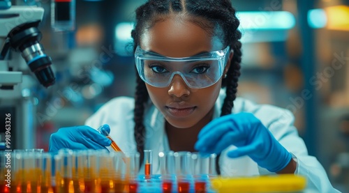 Candid black pharmaceutical lab specialist analysing medicine vials & hospital patient samples African american female medical student working in science laboratory on research PPE protective clothing