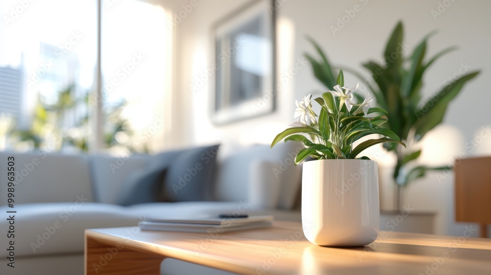 An indoor plant with white flowers sits on a wooden coffee table in a bright and cozy living room setting, with modern furniture and decor elements enhancing the ambiance.