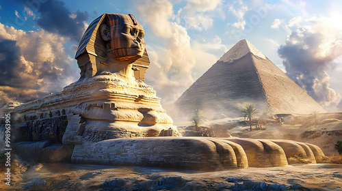 The giza plateau, where the sphinx reveals riddles of the cosmos. Sphinx Riddle. Illustration photo