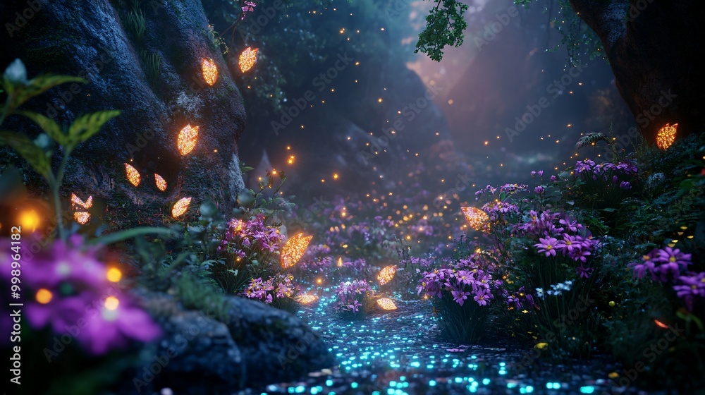 Fototapeta premium Glowing Butterfly and Floral Stream in a Mystical Forest