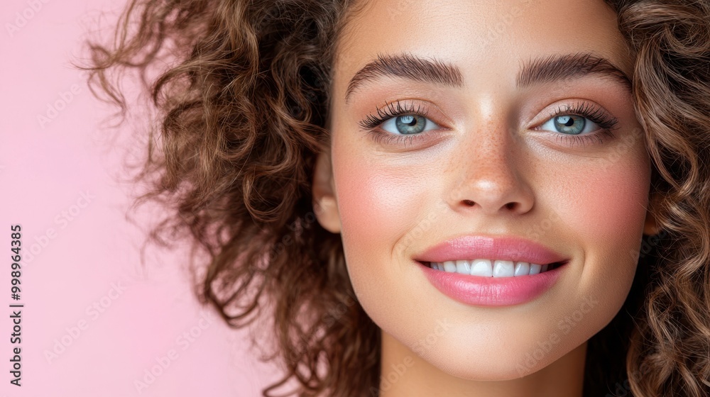 This close-up portrait captures a woman with curly hair, bright eyes, and a soft expression, emphasizing natural beauty amidst a delicate pink background. This close-up portrait captures a woman with curly hair, bright eyes, and a soft expression, emphasizing natural beauty amidst a delicate pink background.