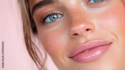 A detailed close-up of a person's hair cascading against a softly lit pink background, emphasizing texture and color contrast, with no visible face. photo