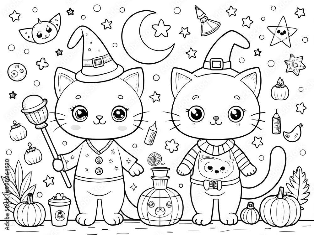 Fototapeta premium Happy Halloween Hand drawn kawaii coloring book illustration AI generated