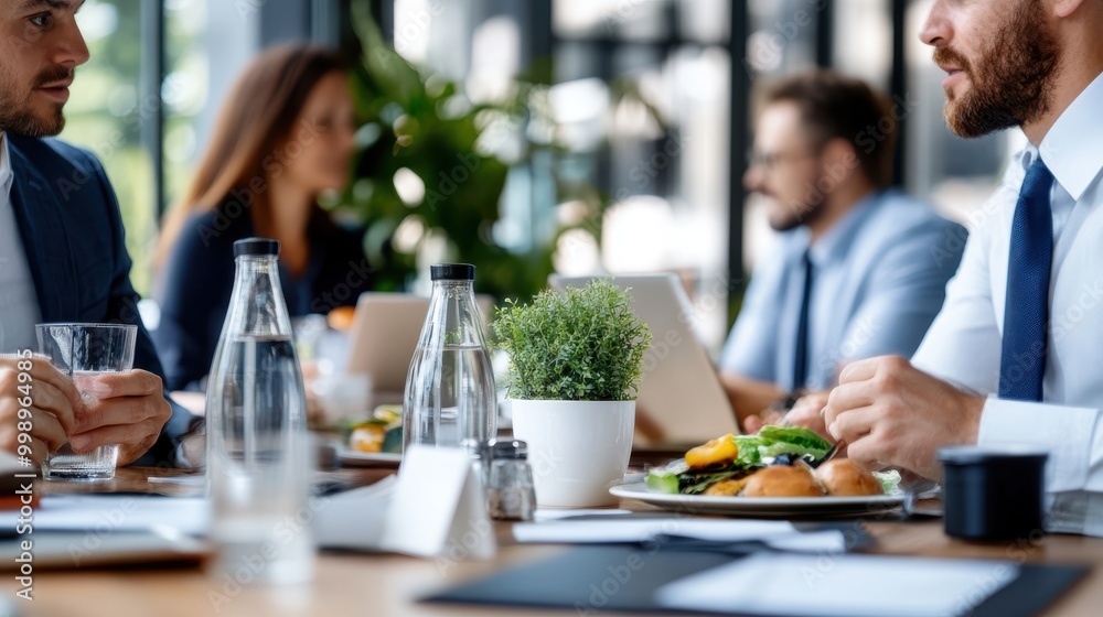 Various individuals dressed in professional attire engaged in an office meeting, with food, beverages, laptops, and potted plants on the table, depicting a workplace environment. Various individuals dressed in professional attire engaged in an office meeting, with food, beverages, laptops, and potted plants on the table, depicting a workplace environment.