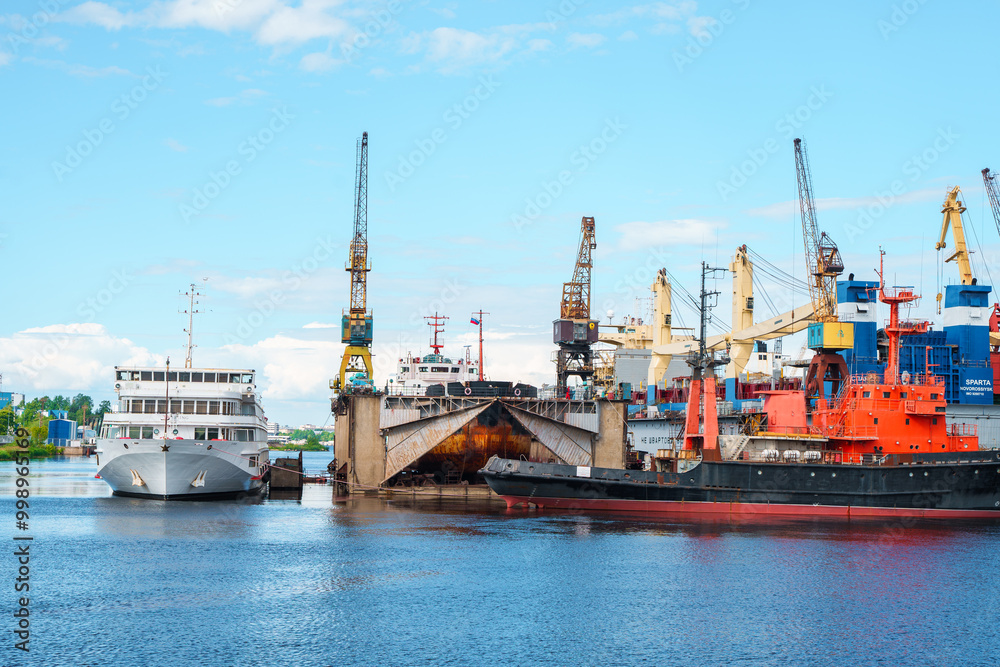 Ships in the port of the Island. Kanonersky ostrov, Russia - 26 July 2024 Ships in the port of the Island. Kanonersky ostrov, Russia - 26 July 2024