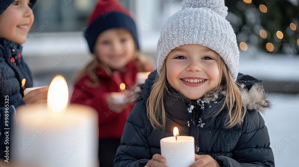 A child dressed in warm winter clothes is seen holding a lit candle during an outdoor candlelight vigil, exuding warmth, hope and togetherness in the chilly evening. A child dressed in warm winter clothes is seen holding a lit candle during an outdoor candlelight vigil, exuding warmth, hope and togetherness in the chilly evening.
