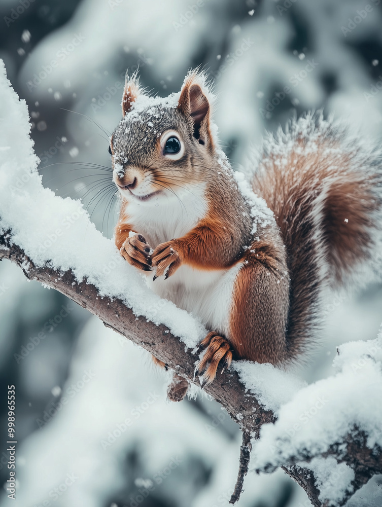 Adorable Squirrel Covered in Snow Sitting on Branch in Winter Close-Up Adorable Squirrel Covered in Snow Sitting on Branch in Winter Close-Up