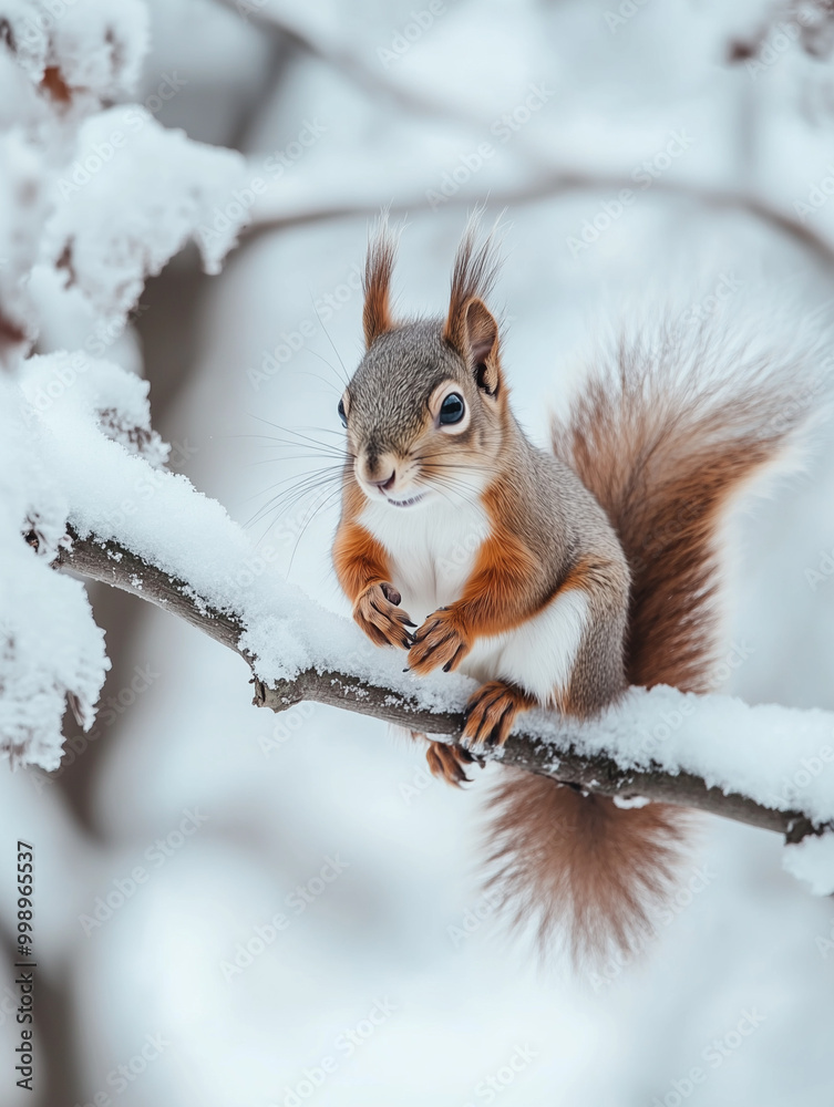 Adorable Squirrel Sitting on Snowy Branch in Winter Close-Up Adorable Squirrel Sitting on Snowy Branch in Winter Close-Up