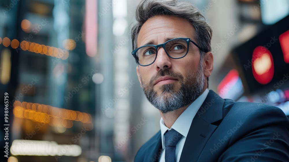 A professional clad in a business suit stands in an urban setting with festive lights, capturing the essence of corporate life, urban sophistication, and the lively city atmosphere. A professional clad in a business suit stands in an urban setting with festive lights, capturing the essence of corporate life, urban sophistication, and the lively city atmosphere.