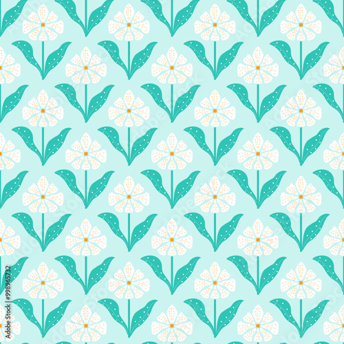 Retro daisy diamond floral pattern. Seamless geometric vector repeat. Calming Vintage White, bright green and orange. Fabric, wallpaper, cover design, decor.