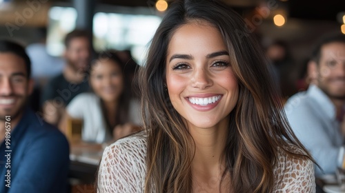 A woman with long hair wearing a patterned top seated in a cafe with visible shelves and warm lighting, surrounded by several blurred patrons and a blurred background.