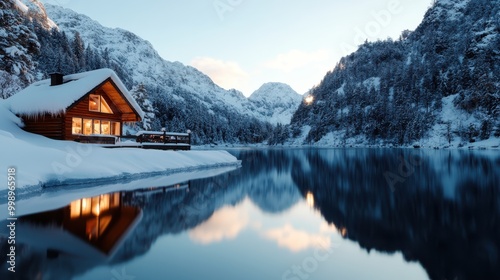 A scenic view of a wooden cabin covered in snow, nestled beside a calm, reflective lake surrounded by snow-blanketed mountains under a setting sun. Tranquil winter scene.