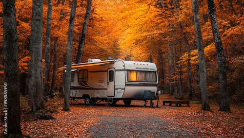 Travel trailer parked in forest wilderness nature in autumn or fall season outdoors. Summer campsite adventure with motorhome, RV caravan camper surrounded by orange and yellow tree leaves