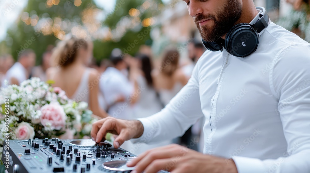 DJ wearing white attire, focused on mixing music in an elegant outdoor ...