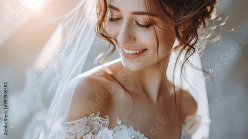 A radiant bride smiles softly in sunlight, wearing a delicate lace dress and veil. The soft, warm light highlights her elegant features, creating a romantic, ethereal atmosphere