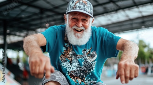 An elderly man with a white beard, dressed casually with a cap, captured performing a skateboarding trick in an indoor skate park with a dynamic posture.