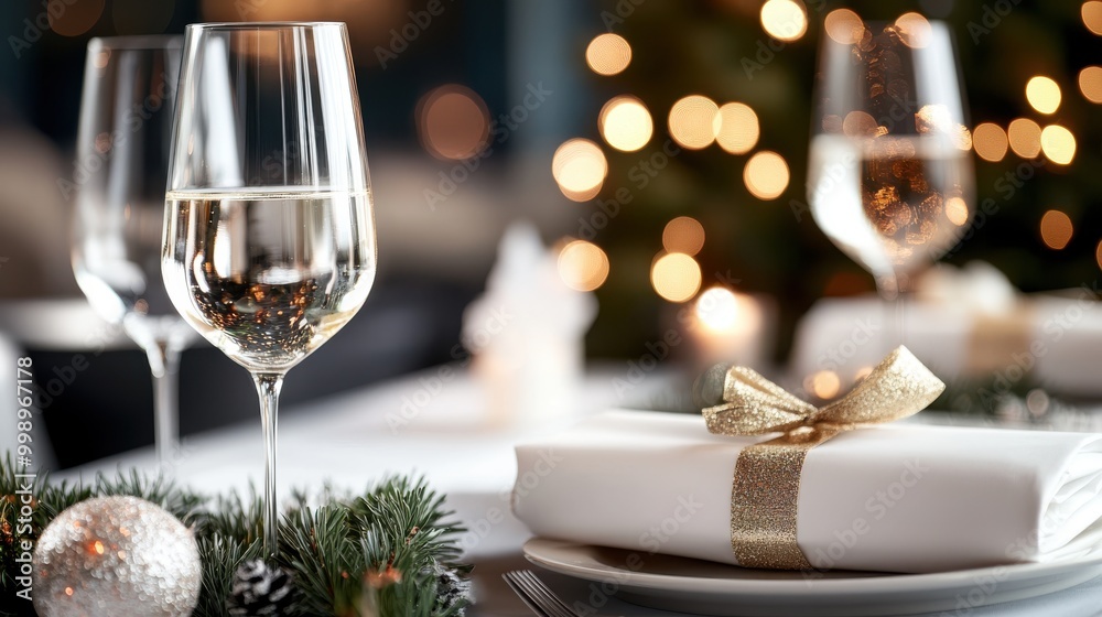 An elegant dining table setup featuring wine glasses, a holiday gift wrapped in white paper with a gold ribbon, and festive decorations including pine branches and ornaments. An elegant dining table setup featuring wine glasses, a holiday gift wrapped in white paper with a gold ribbon, and festive decorations including pine branches and ornaments.