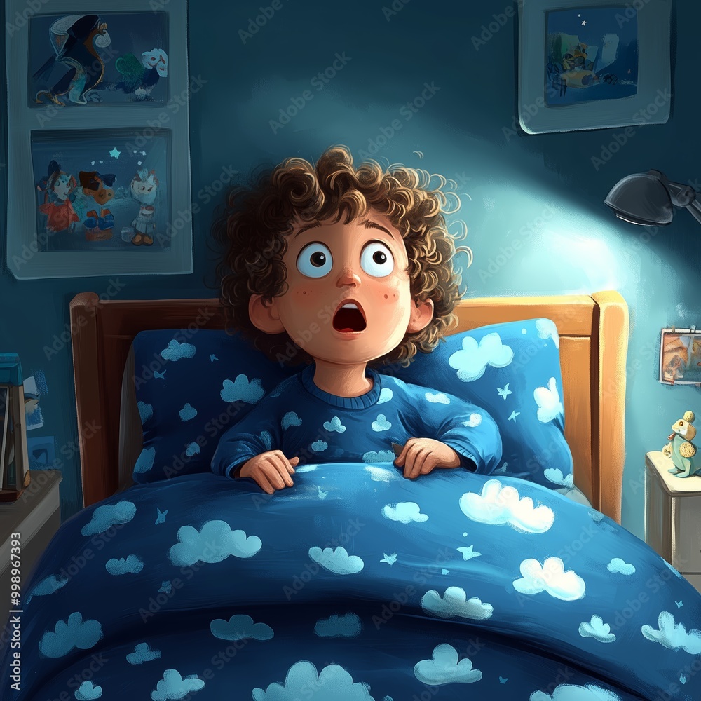 Obraz premium A young boy with curly hair looks surprised while sitting up in bed at night