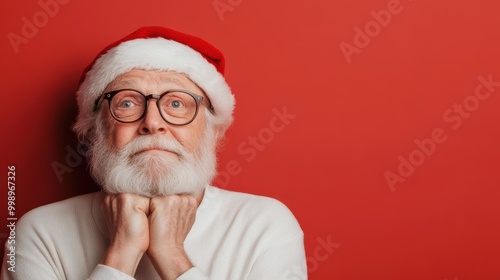 A person wearing a white sweater and Santa hat poses with a thoughtful expression against a red background, capturing a pensive moment during the festive season.