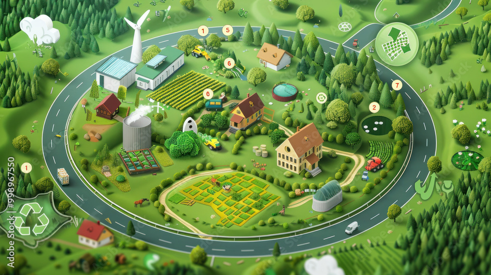 A visual of how circular economy practices can support rural development, from eco-friendly farming to community-based recycling programs. A visual of how circular economy practices can support rural development, from eco-friendly farming to community-based recycling programs.