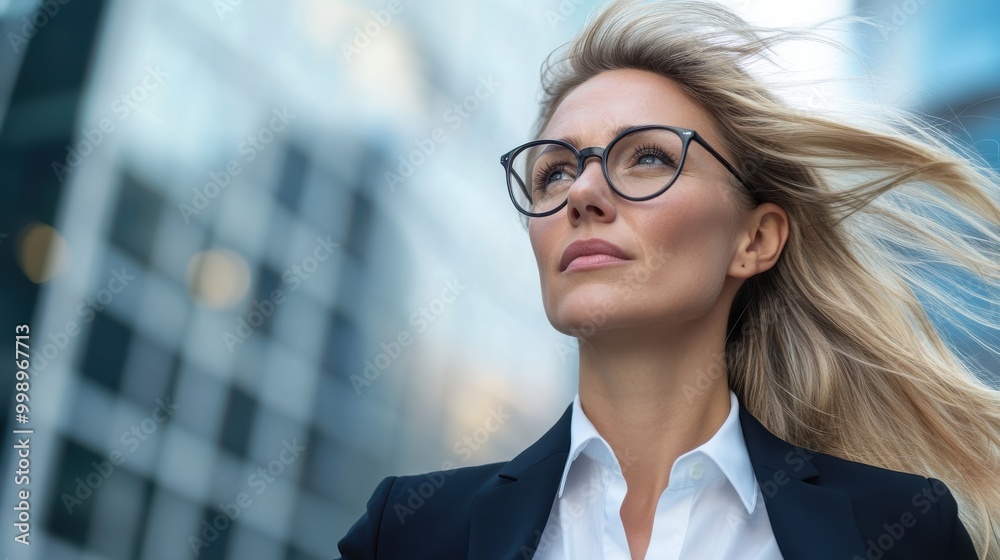 A business woman with glasses and flowing blond hair set against the backdrop of a modern urban environment, embodying a blend of style and professionalism. A business woman with glasses and flowing blond hair set against the backdrop of a modern urban environment, embodying a blend of style and professionalism.