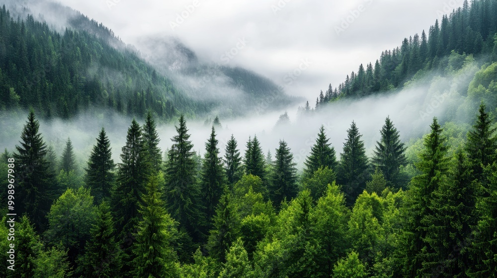 Obraz premium Vibrant green forest with towering pine trees and a mist-covered valley, surrounded by majestic mountain peaks fading into the foggy distance.