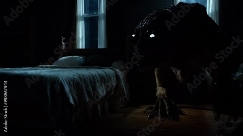Nightmarish creature with large black eyes emerging from window darkness in haunted bedroom, Halloween horror concept