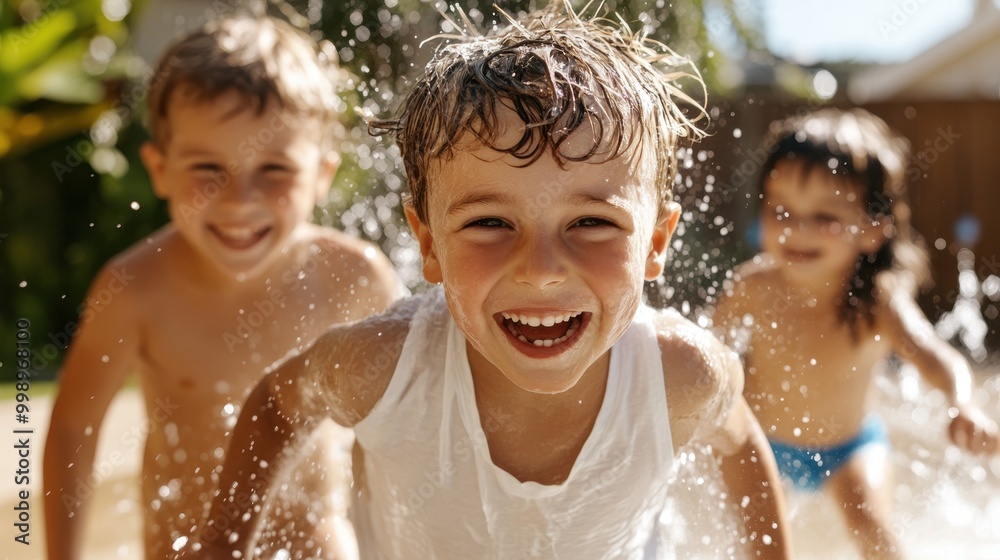 A group of happy kids frolic in the water, captured in a joyful, carefree moment under the warm sunlight, epitomizing youthful play.
