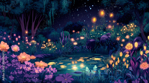 Whimsical vector illustration of an enchanted garden at dusk, featuring fairies, glowing flowers, and a mystical pond. Dryad. Illustration