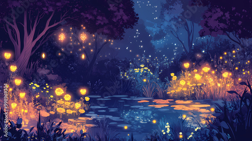 Whimsical vector illustration of an enchanted garden at dusk, featuring fairies, glowing flowers, and a mystical pond. Dryad. Illustration photo