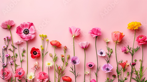 Artistic floral banner with pink backdrop and delicate flowers in various shades of pink photo