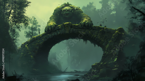 Troll bridge, mossy stones, dusk, troll s domain scene, under bridge, twilight dampness, guarded passage. Troll Bridge. Illustration photo