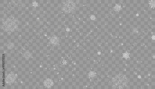 Tiny flying snow flakes illustration. Snowstorm dust freeze shapes. Snowfall sky white transparent wallpaper. Flat snowflakes january vector. Snow hurricane landscape.