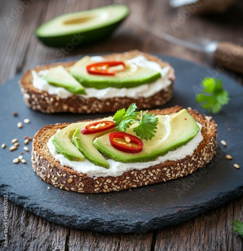 Fresh avocado toast topped with green chilies and cilantro. A healthy and vibrant dish perfect for breakfast or snacks. Simple yet elegant on a rustic table. Generative AI