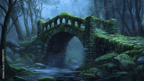 Troll bridge, mossy stones, dusk, troll s domain scene, under bridge, twilight dampness, guarded passage. Troll Bridge. Illustration