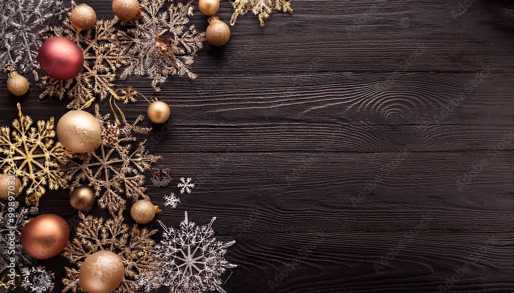 Christmas tree decorations and snowflakes scattered on wooden background with space for text, christmas and new year concept Christmas tree decorations and snowflakes scattered on wooden background with space for text, christmas and new year concept