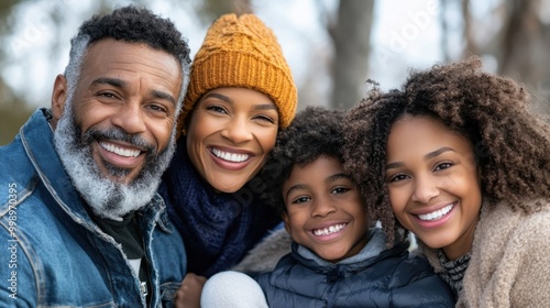 A happy family of four, dressed in winter attire, smiles brightly outdoors, celebrating the joy and warmth found in familial love during colder months.