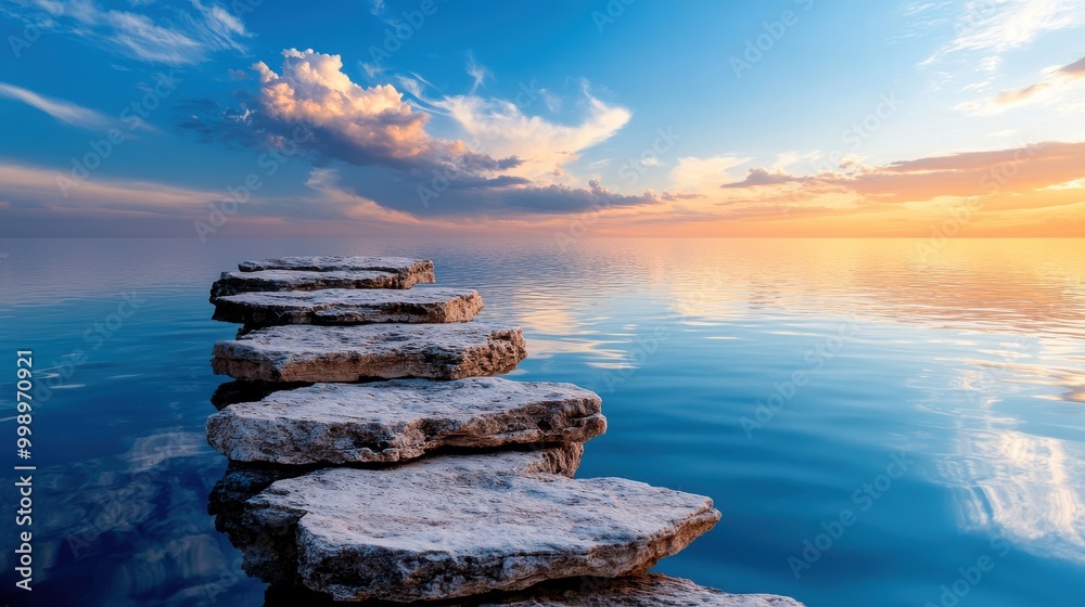 Φωτογραφία A breathtaking image of a stone pathway leading into a calm ocean at dusk, capturing the serene beauty and peacefulness of the sea under a colorful evening sky