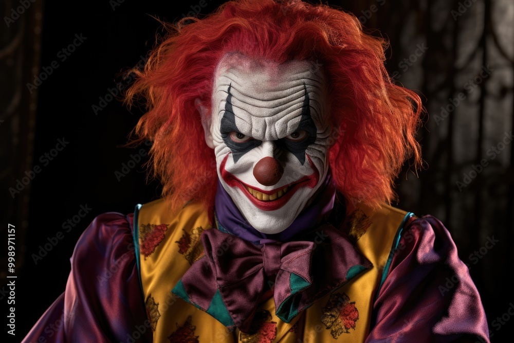 Creepy evil clown in circus costume with dark background. Halloween ...