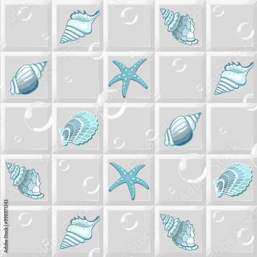 Pattern of seashells on a tile.Vector pattern with sea mollusks on a white tile.